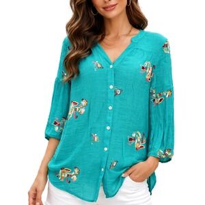Figueroa & Flower Womens Top M Teal Cottage Embroidered Gauze Boho Resort Floral